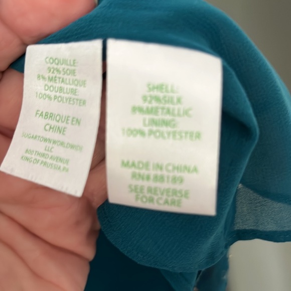 Lilly Pulitzer Silk Metallic Gold V Neck Blouse Top Size Med Teal Flounce Sleeve - Picture 4 of 6